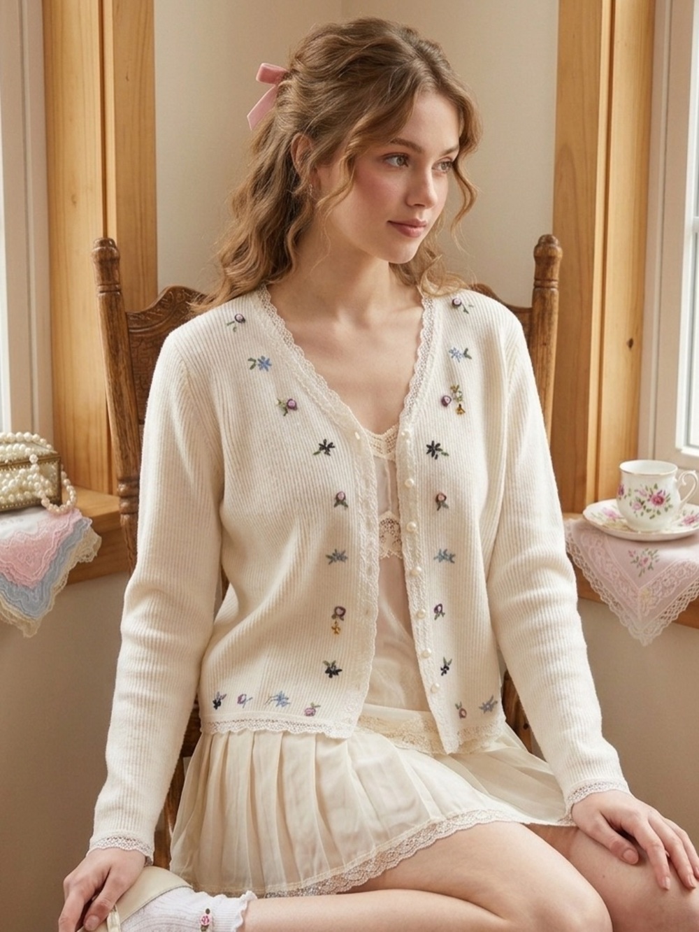 VNTG Maurice’s Small Coquette Ribbed Floral Embroidered Cardigan Dainty Romantic